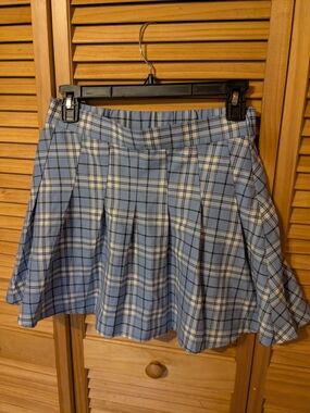 Garage Light Blue Plaid Pleated Mini Skirt